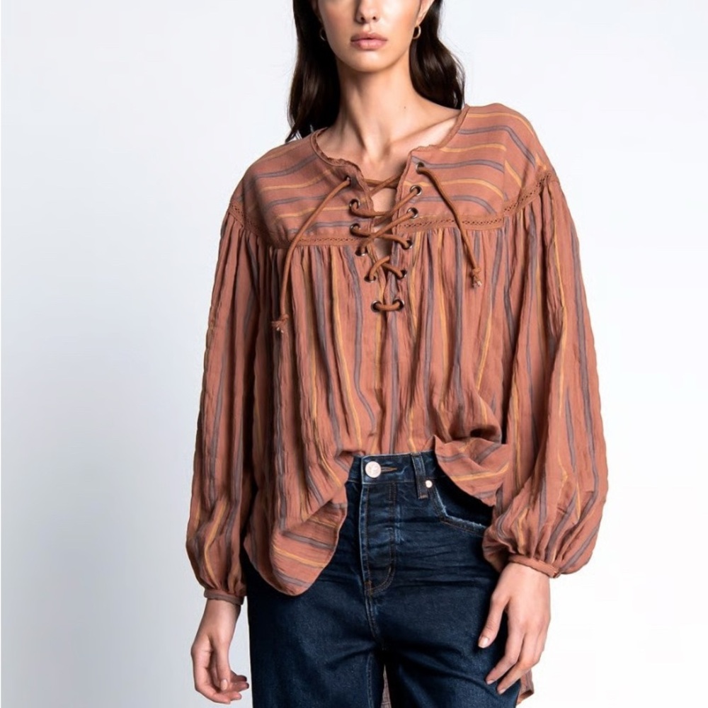 One teaspoon Striped Lace-Up Brown Blouse